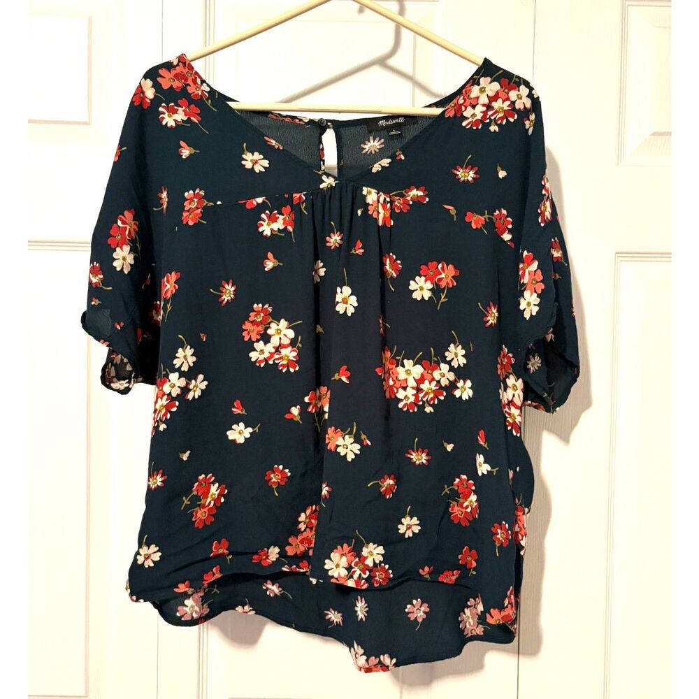 Madewell Dark Green Floral Drapey V-Neck Top Blouse Small Boho Cottage Teacher
